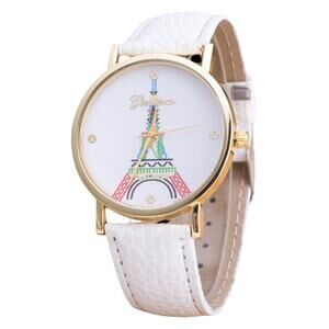 Paris Eiffel Tower White Vegan Leather Gold Tone Buckle Strap Analog Watch MINT